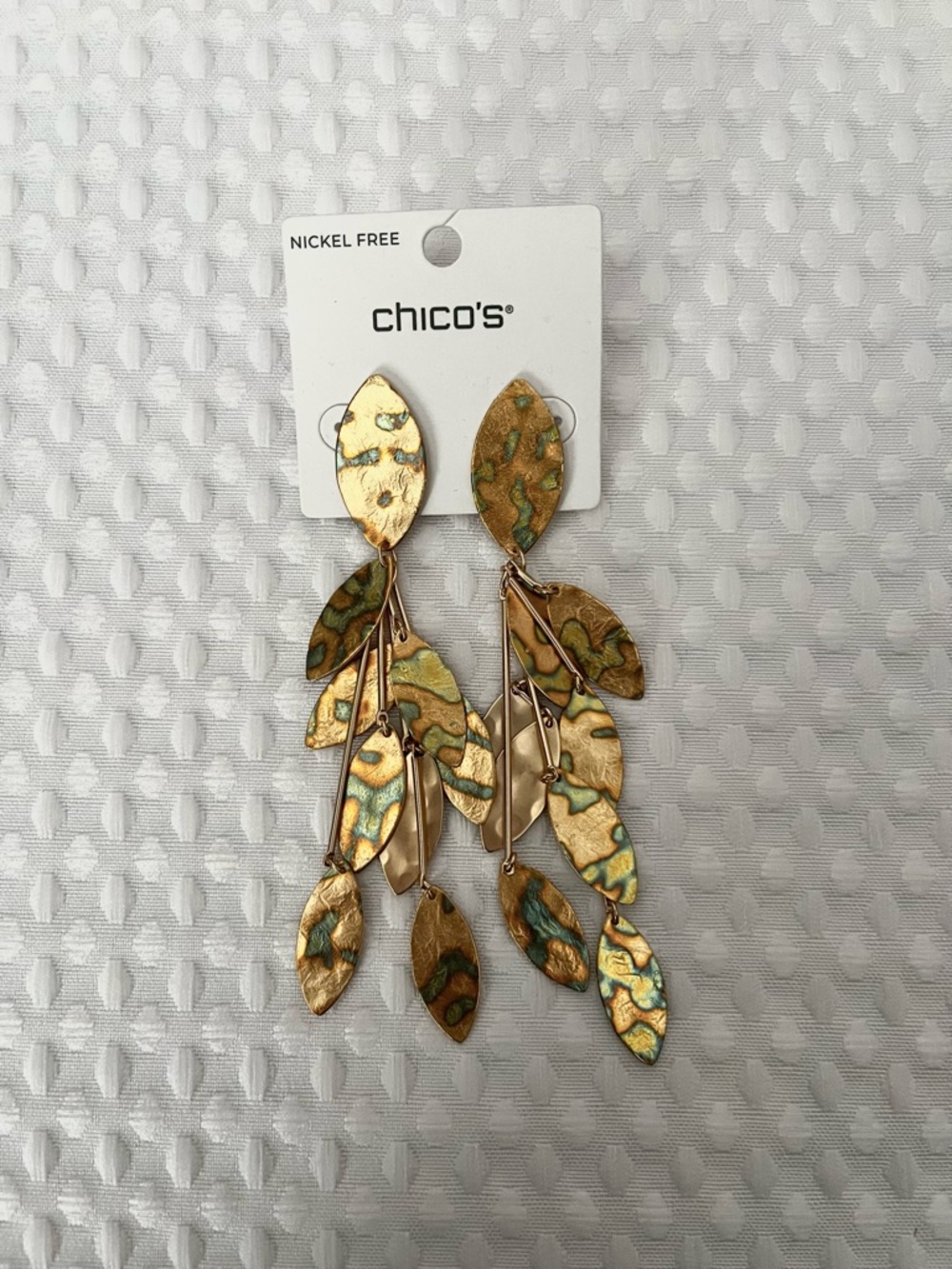 Chico's Gold and Teal Leaf Cascade Earrings
